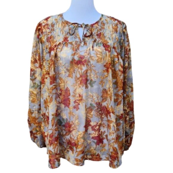 Maurices Plus Blouson Sleeve Blouse Metallic Sheer NWT Leaf Print Fall Autumn - Picture 2 of 16